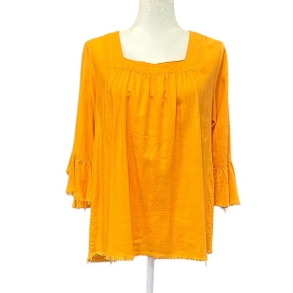 Umgee Linen Blend Raw Hem Square Neck Loose Fit Top Tangerine Size Medium - Picture 4 of 13